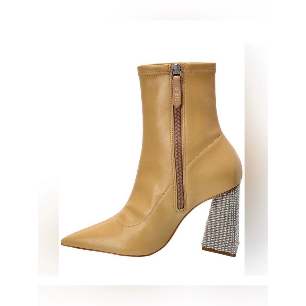 NWT SCHUTZ light nude Leather Pointed Ankle Boot with Crystal Block Heel Sz 8